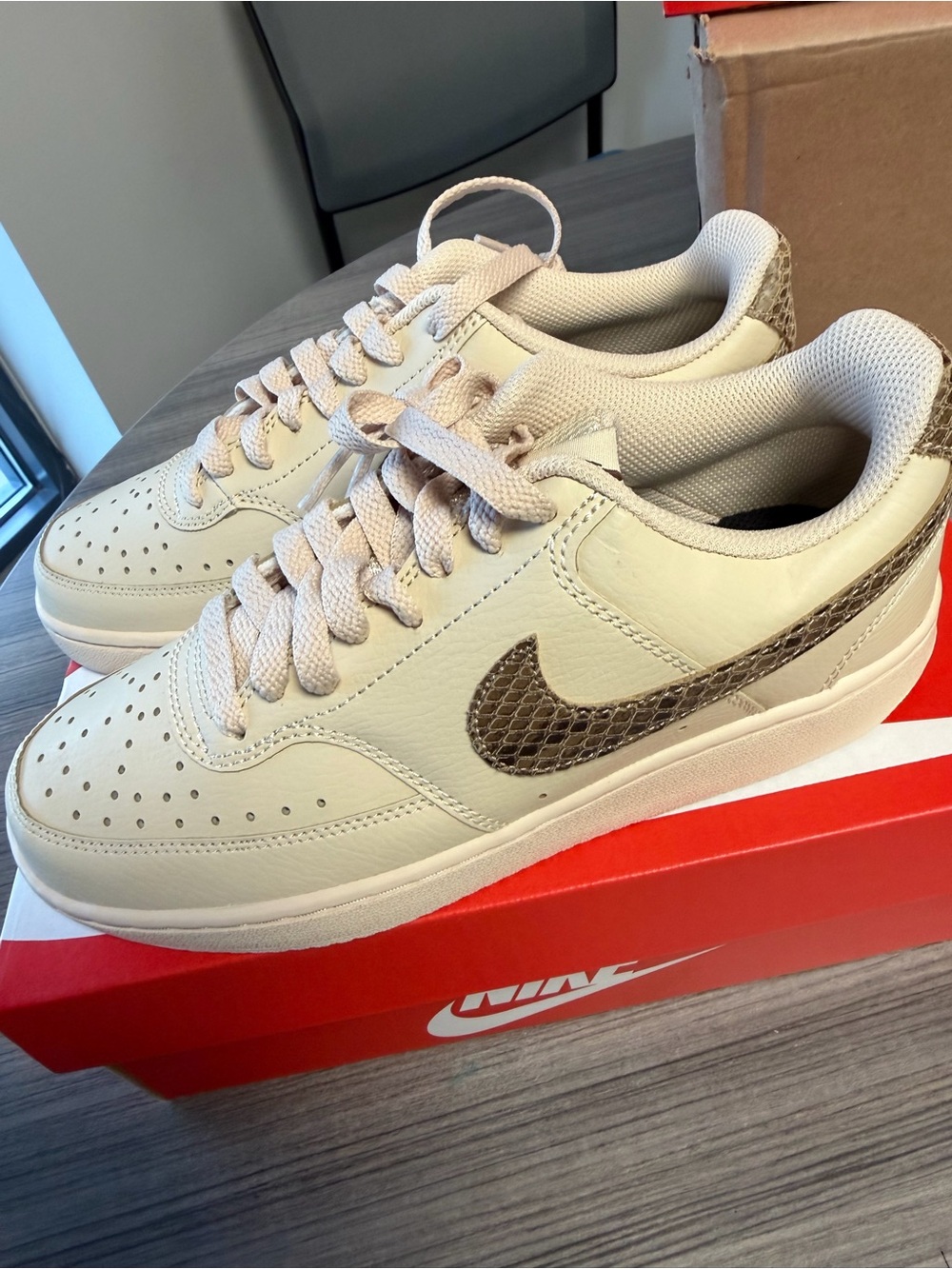 Nike Women’s Cream Low-Top Sneakers with Brown Snake-Print Swoosh